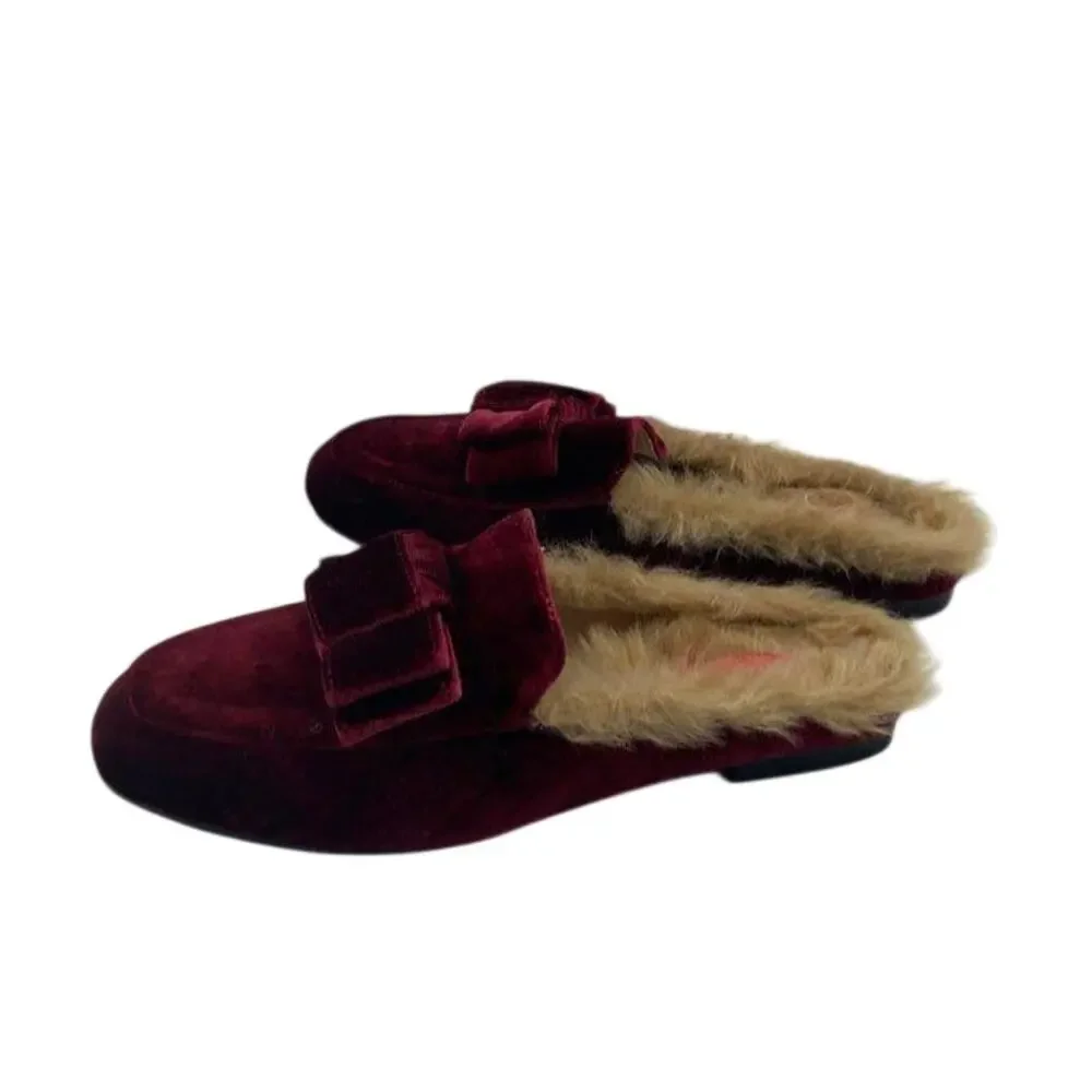 Catherine Malandrino Velvet Faux Fur Bow Mules Wine Sz 9